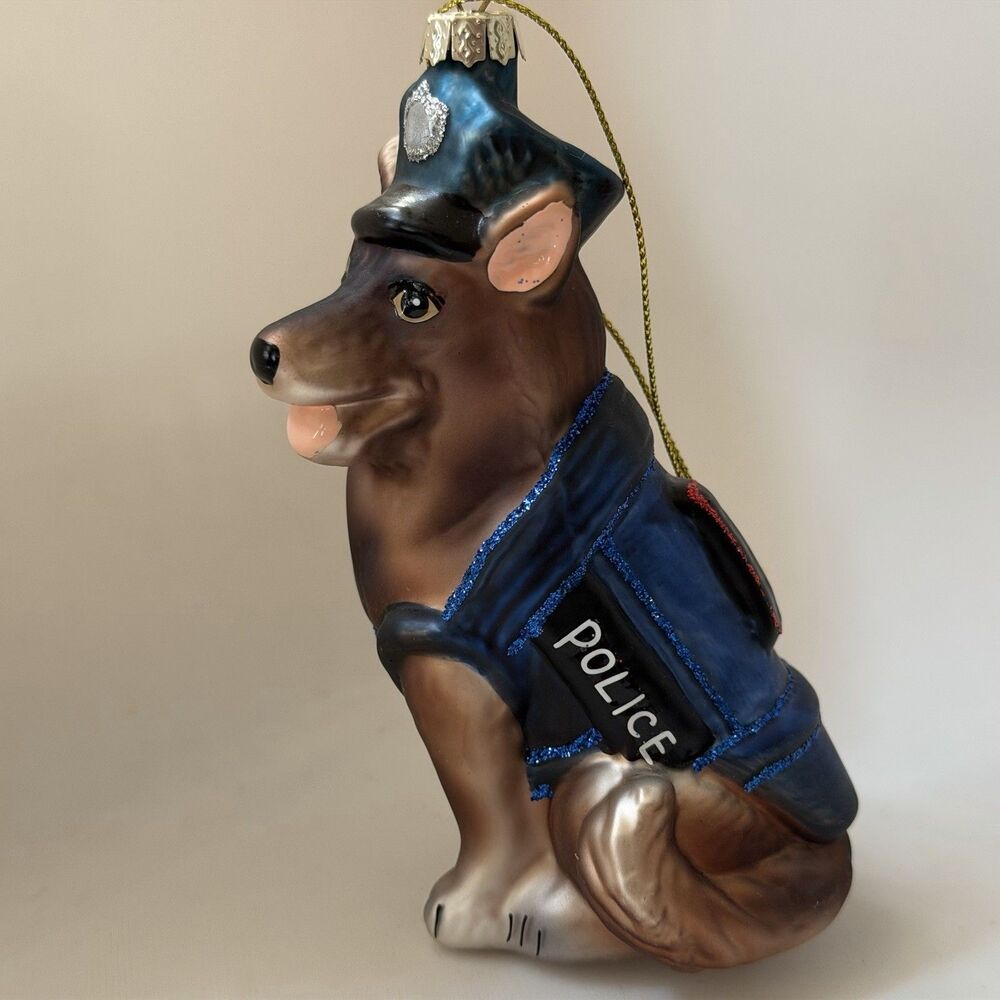 German Shepherd Police Dog Glass Christmas Ornament Handcuffs K9 Officer 4.5 in